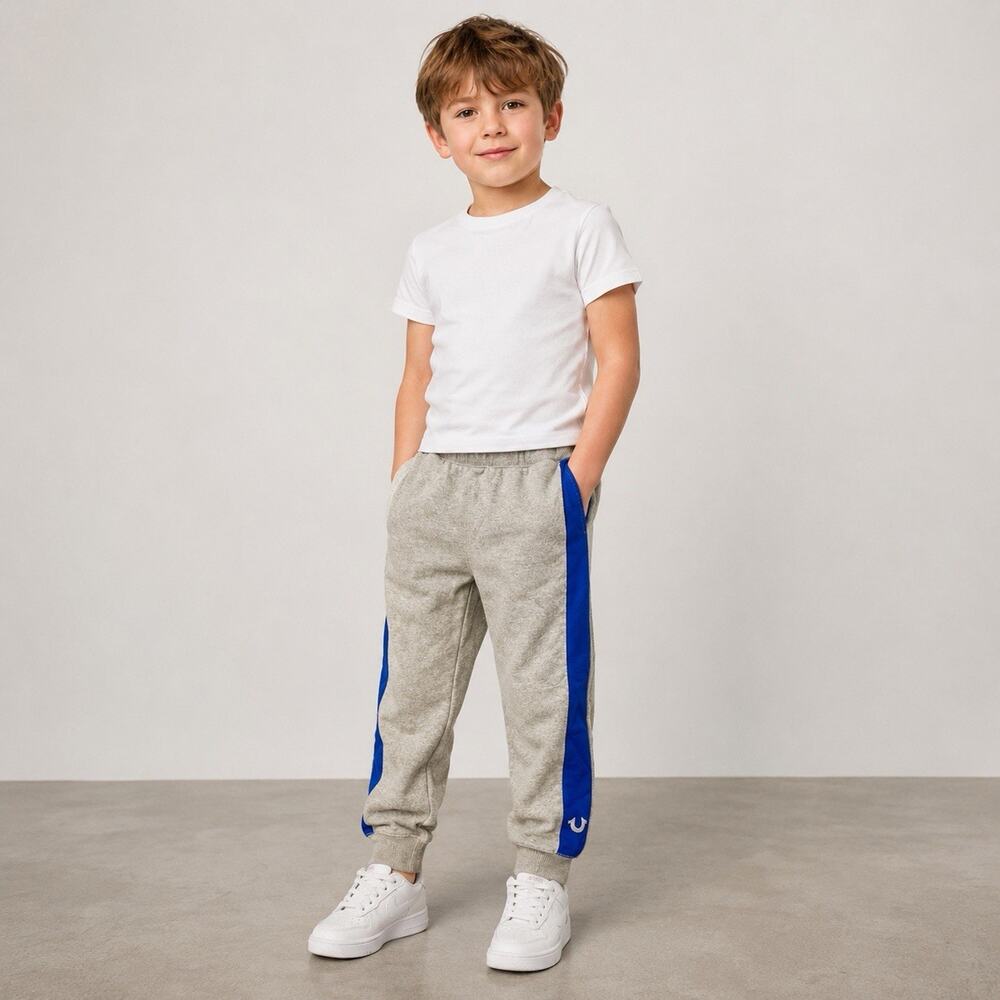 True Religion Boys Small Gray Blue Stripe Sweatpants Joggers Horseshoe Logo